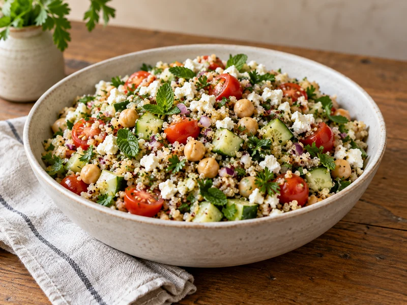 Fresh quinoa chickpea salad with cucumber, tomatoes, herbs and feta in a ceramic bowl