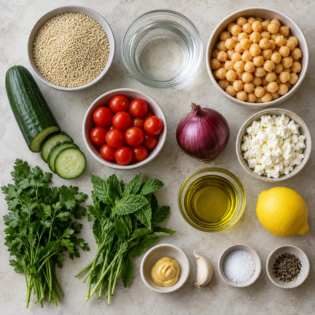 Quinoa, water, chickpeas, cucumber, tomatoes, red onion, herbs, feta and lemon dressing ingredients