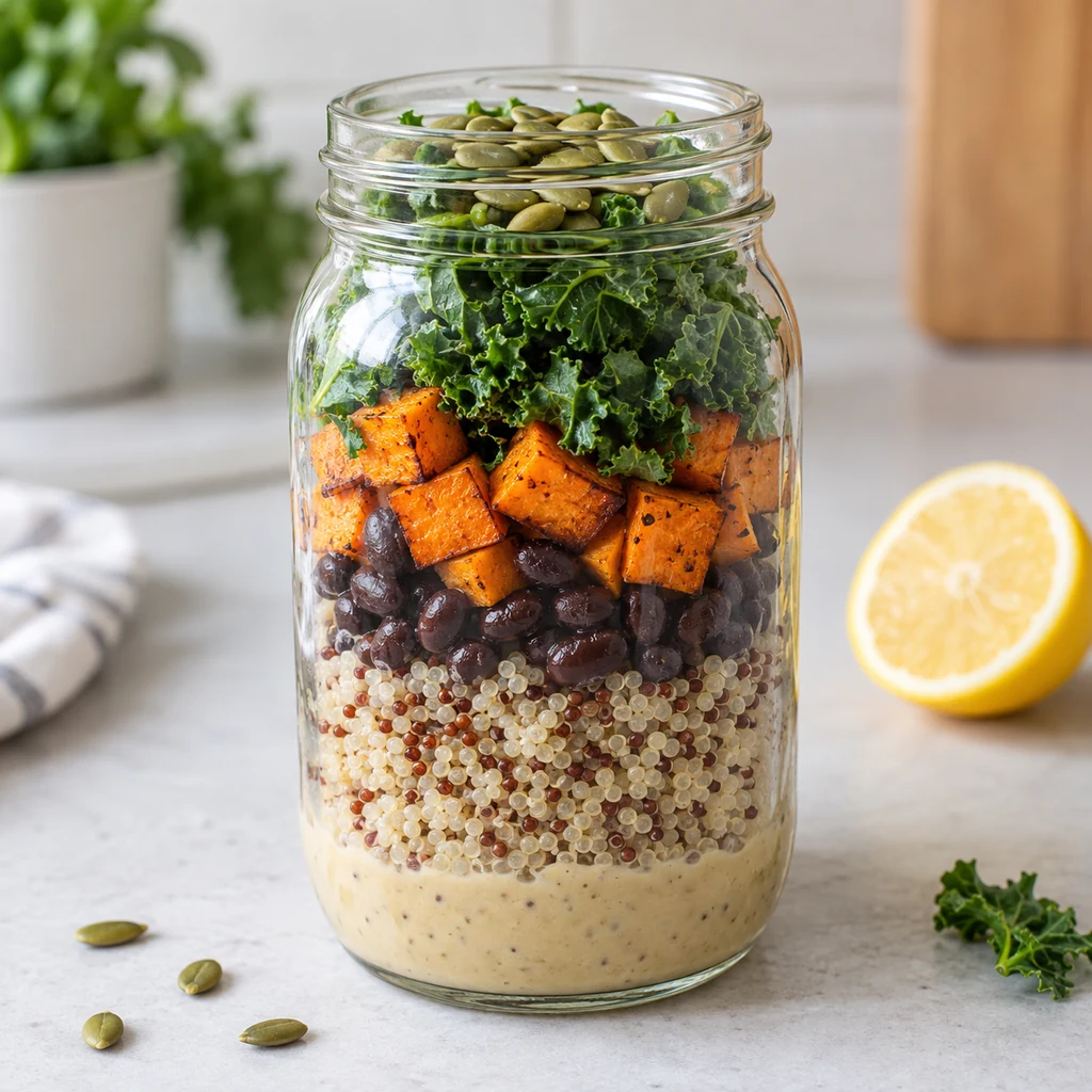 Quinoa power mason jar salad with black beans sweet potato and kale