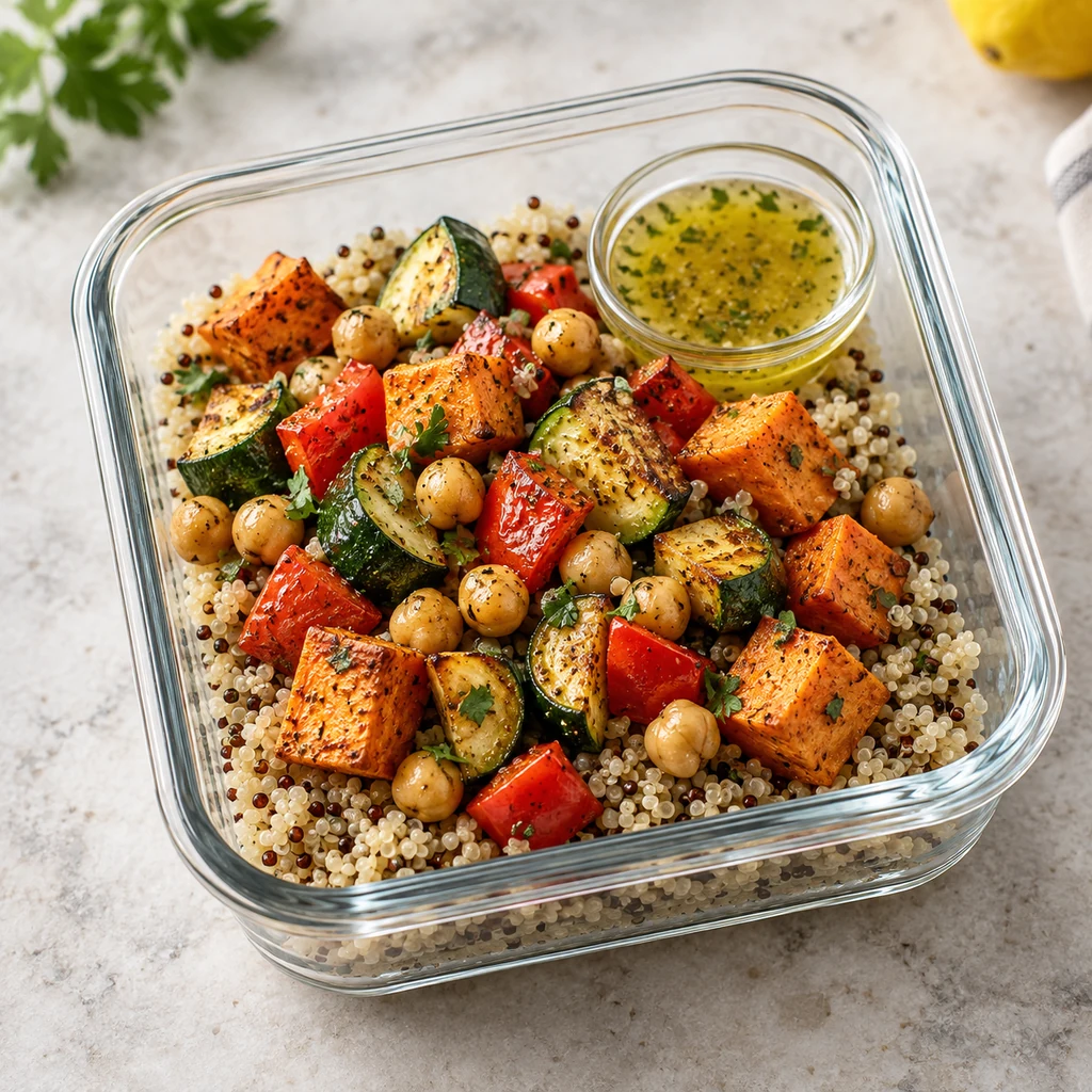 Gluten-free quinoa meal prep bowl with roasted sweet potato, zucchini, peppers, and chickpeas