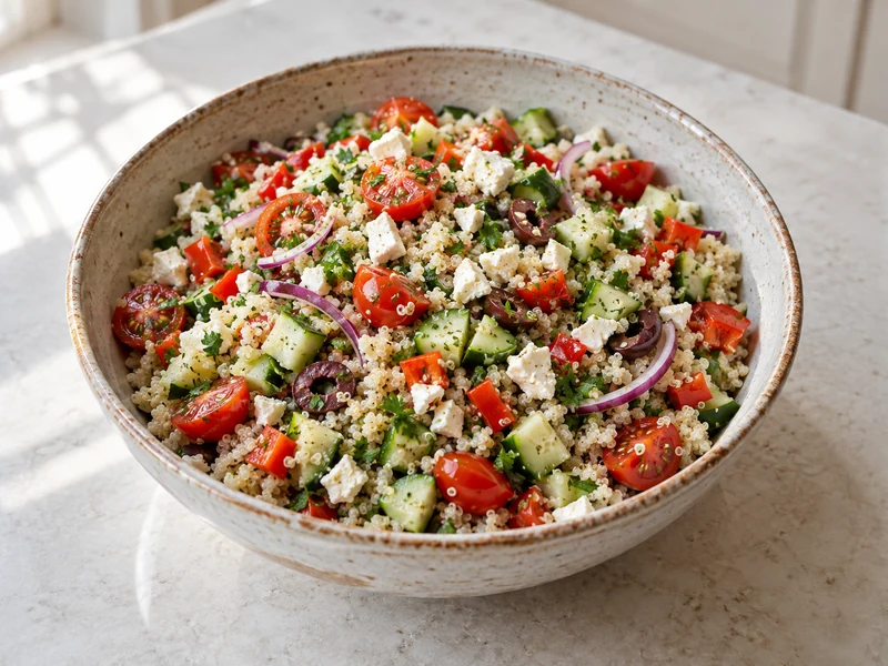 Finished quinoa salad with feta, tomatoes, cucumber, bell pepper, red onion, olives, and parsley.