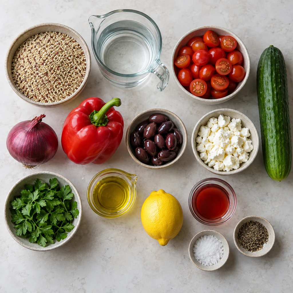 Quinoa, water, tomatoes, cucumber, red onion, red pepper, olives, feta, parsley, olive oil, lemon, vinegar, salt, and pepper