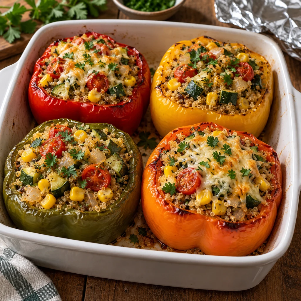 Baked quinoa stuffed peppers with optional melted cheese and parsley