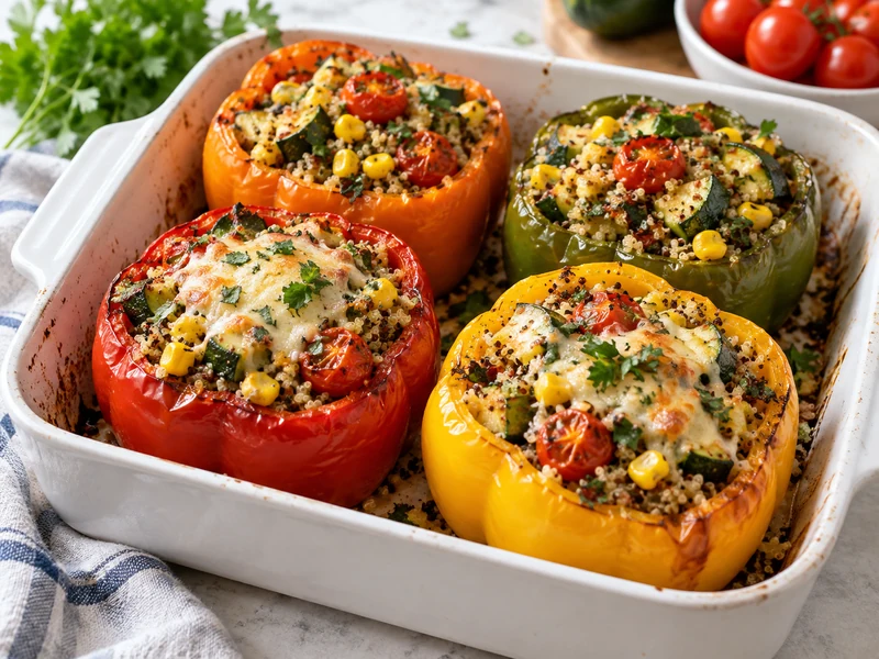 Four baked quinoa and vegetable stuffed bell peppers