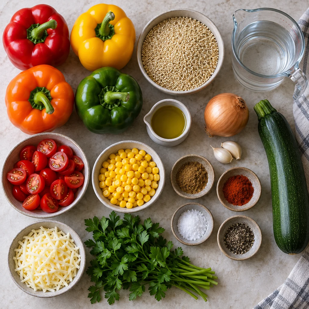 Ingredients for quinoa stuffed peppers arranged on a kitchen counter