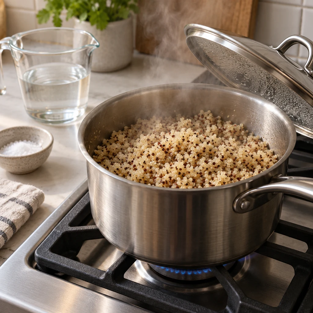 Fluffy quinoa cooked in a saucepan with measured water