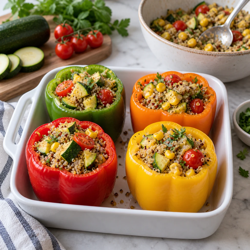 Four colorful bell peppers filled with quinoa and vegetables