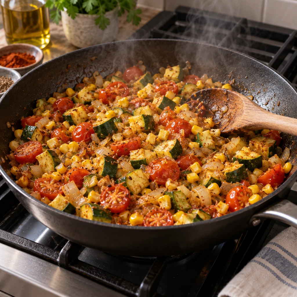 Onion garlic zucchini tomatoes and corn sautéing in a skillet
