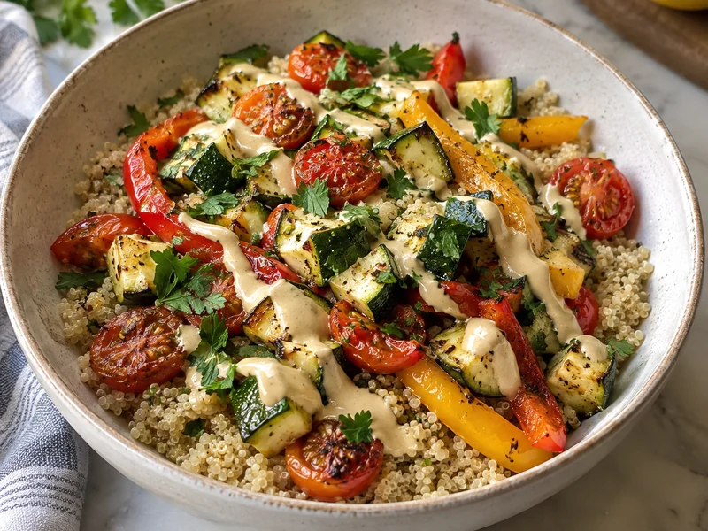 Gluten-free quinoa veggie bowl with roasted tomatoes, zucchini, peppers, tahini dressing, and parsley
