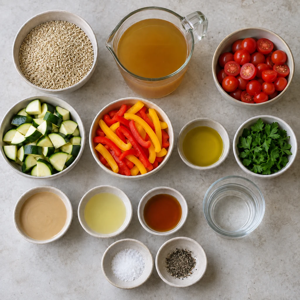 Quinoa, broth, cherry tomatoes, zucchini, bell peppers, olive oil, herbs, tahini, lemon, maple syrup, water, salt, and pepper arranged for a veggie bowl