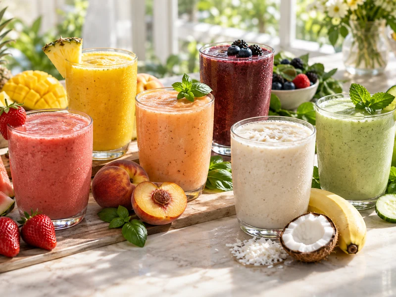 Six refreshing summer smoothies arranged with their matching fresh fruit and herbs.