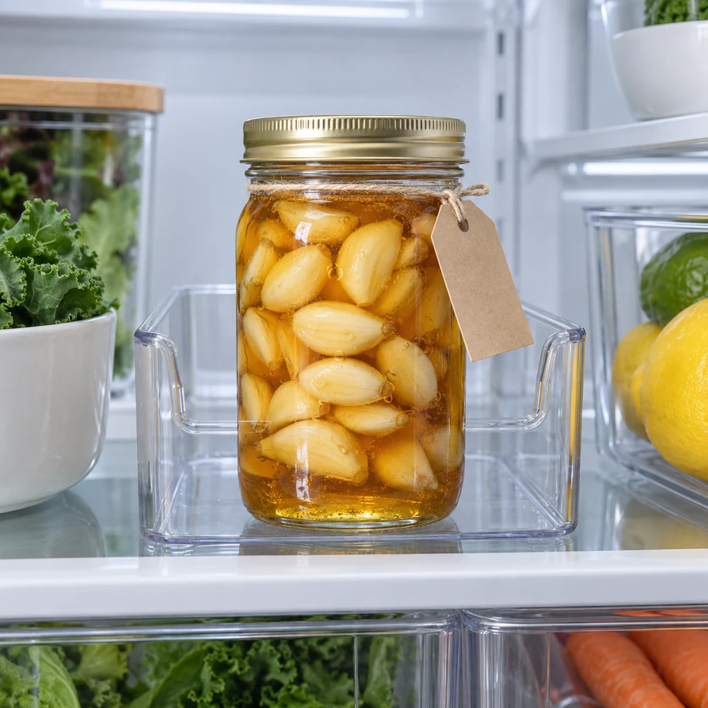 Finished garlic honey jar labeled by date and stored upright on a refrigerator shelf
