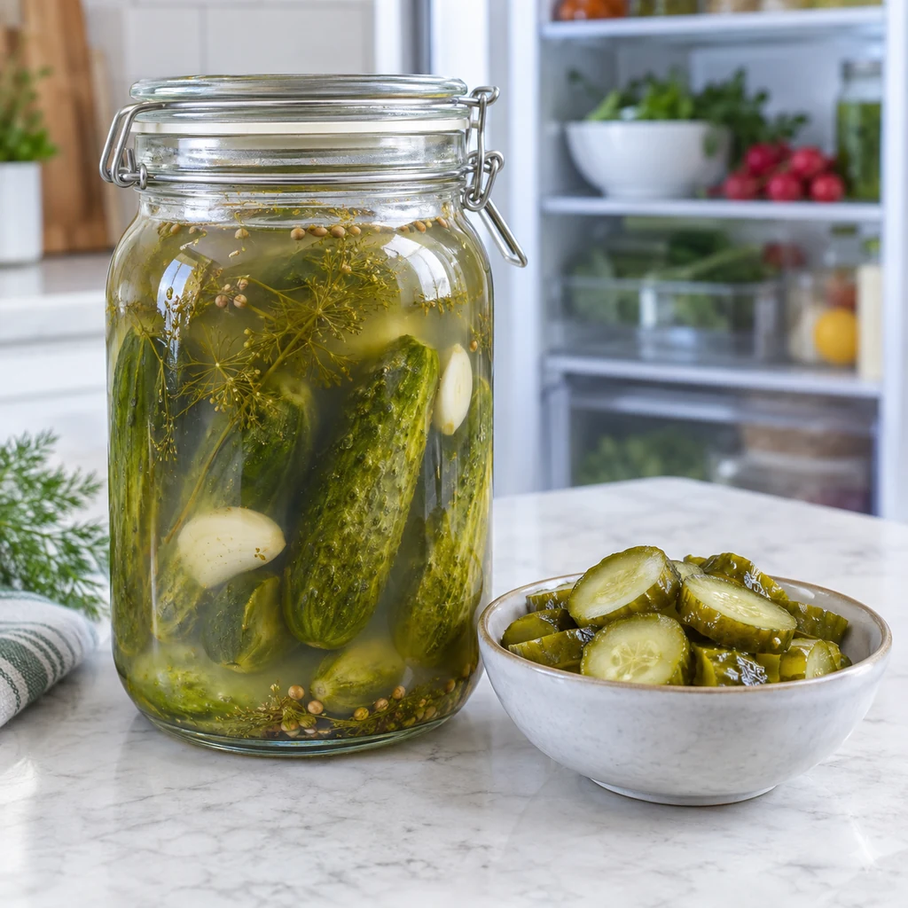 Finished fermented dill pickles in a sealed glass jar beside an open refrigerator