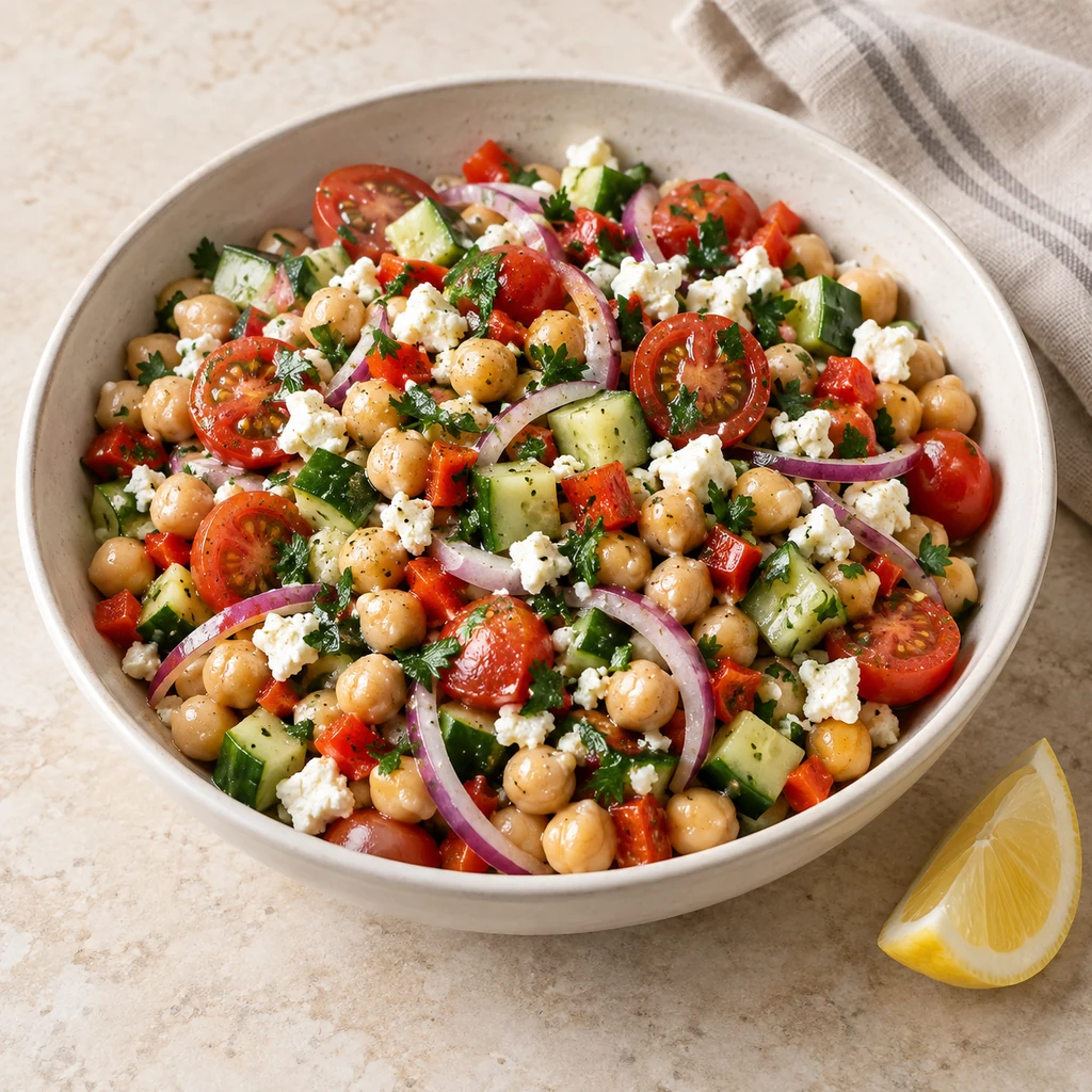 Finished chickpea salad with lemon dressing resting in a serving bowl before serving
