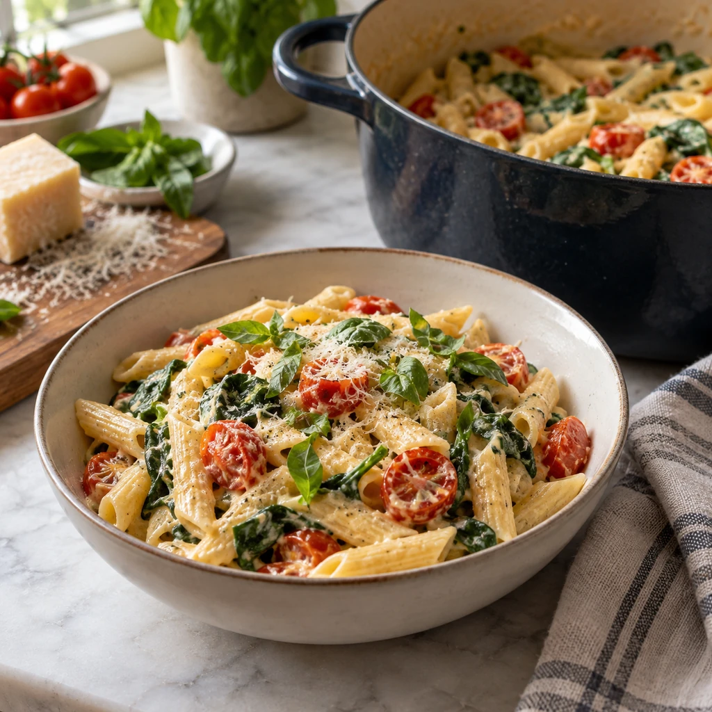 A bowl of creamy one-pot pasta served beside the cooking pot.