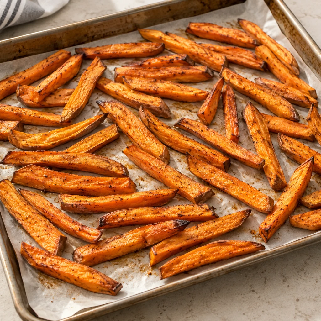 Golden oven-baked sweet potato fries resting on a sheet pan before serving