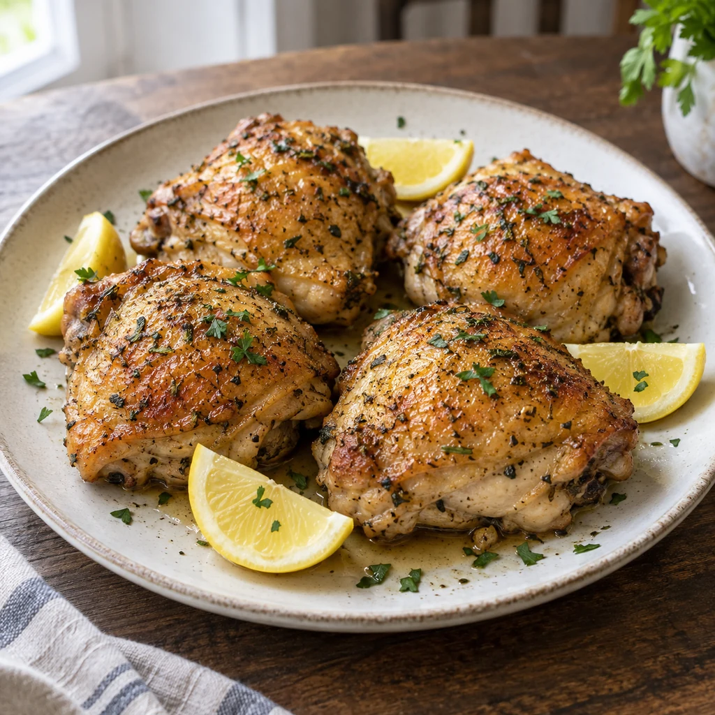 Four cooked golden lemon herb chicken thighs resting on a platter with lemon wedges and parsley