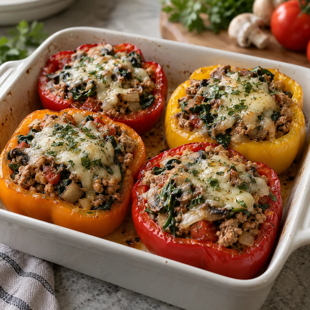 Bell pepper halves stuffed with turkey, mushrooms, spinach, and tomato