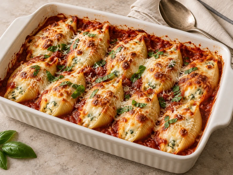 Baked ricotta stuffed shells with marinara melted mozzarella Parmesan and fresh basil