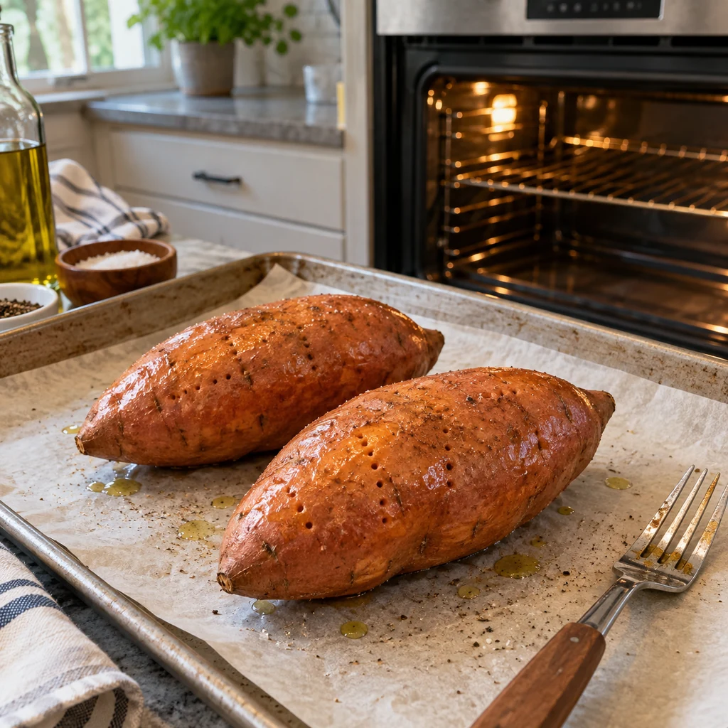 Whole sweet potatoes pierced and oiled on a baking sheet beside an oven