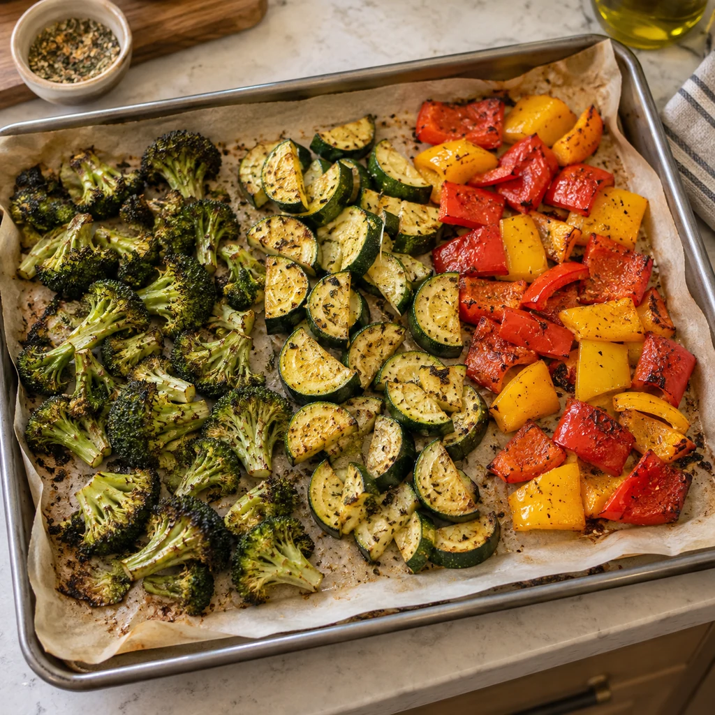 Roasted broccoli, zucchini, and red and yellow peppers arranged in sections on one sheet pan