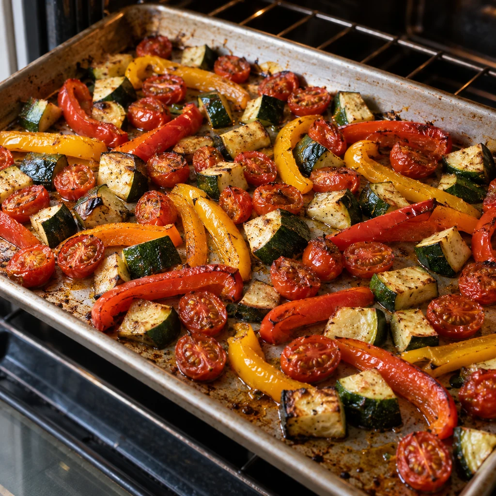 Cherry tomato halves, diced zucchini, and sliced bell peppers roasting in one layer on a baking sheet