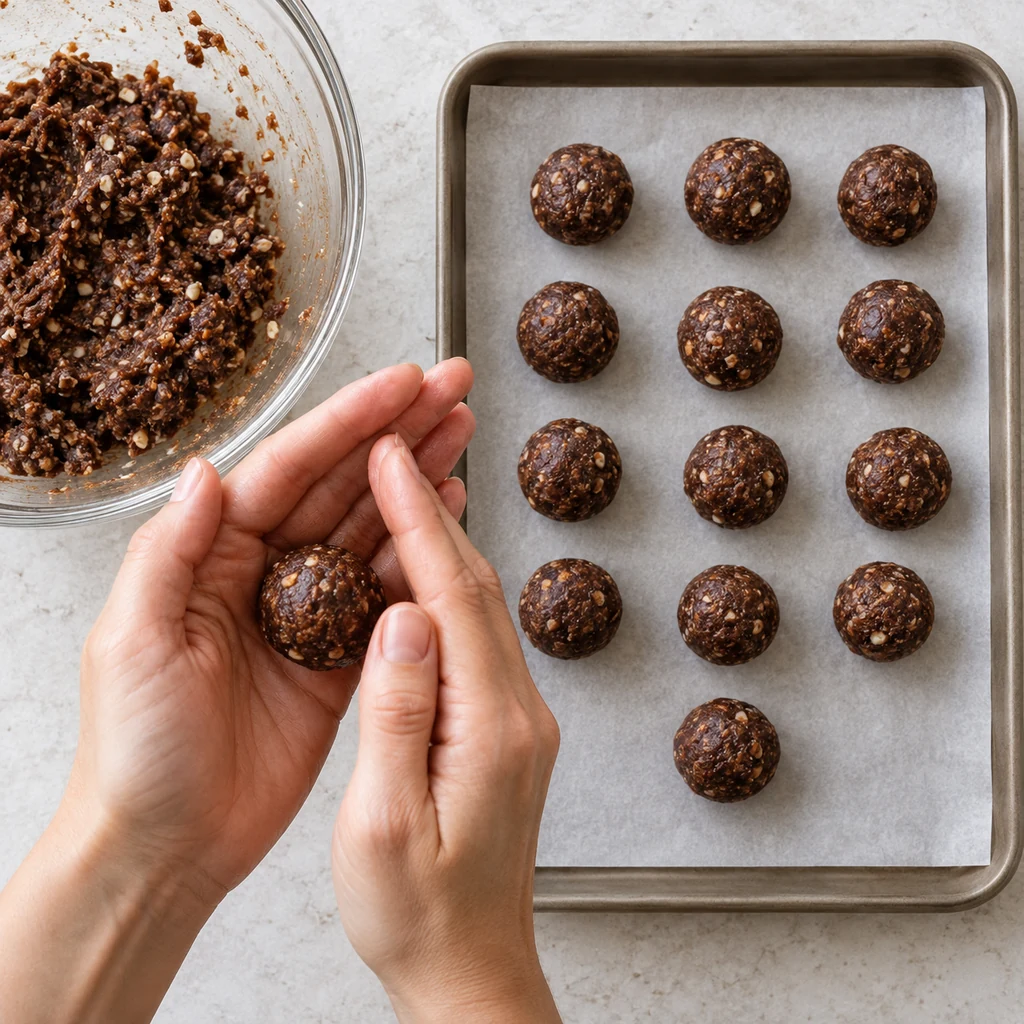 Chocolate date and almond mixture being rolled into 14 uncoated energy bites