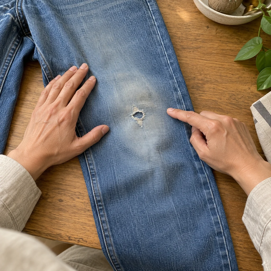 Hands assessing a small worn knee hole and the larger pale weak area around it on medium blue jeans
