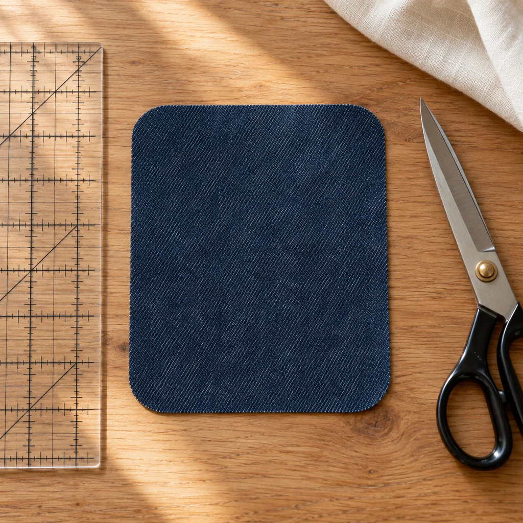 One five-by-six-inch dark denim patch with four rounded corners beside fabric scissors and a clear ruler