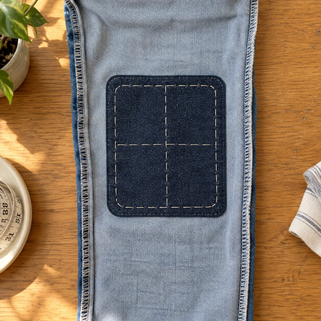 Inside-out jeans leg with one centered dark denim patch held flat by a basted rectangle and two crossing basting lines