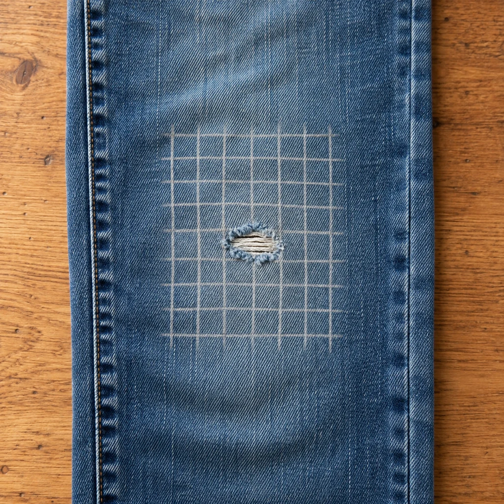Right side of medium blue jeans with a neat three-eighths-inch white removable grid centered over one small worn knee hole