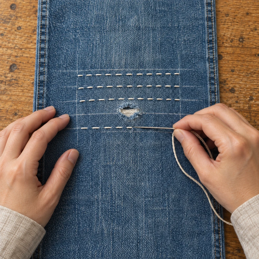 Hands making even white running stitches along horizontal grid lines over a flat denim knee patch without puckering