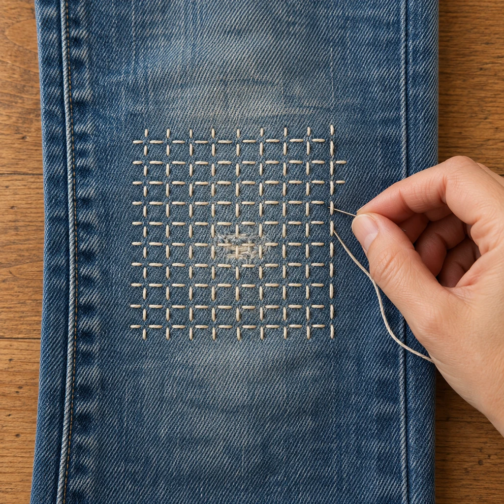 Even white horizontal and vertical running stitches forming a square lattice over a flat reinforced jeans knee