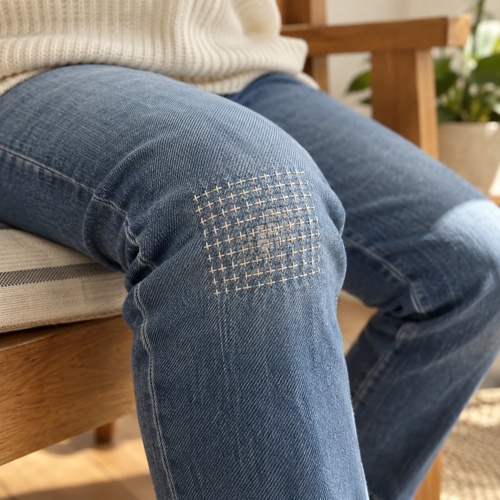 Finished flat sashiko-inspired square-grid mend on medium blue jeans with the reinforced knee bent naturally