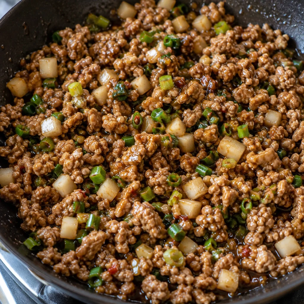 Cooked ground chicken coated in sauce with diced water chestnuts and green onions