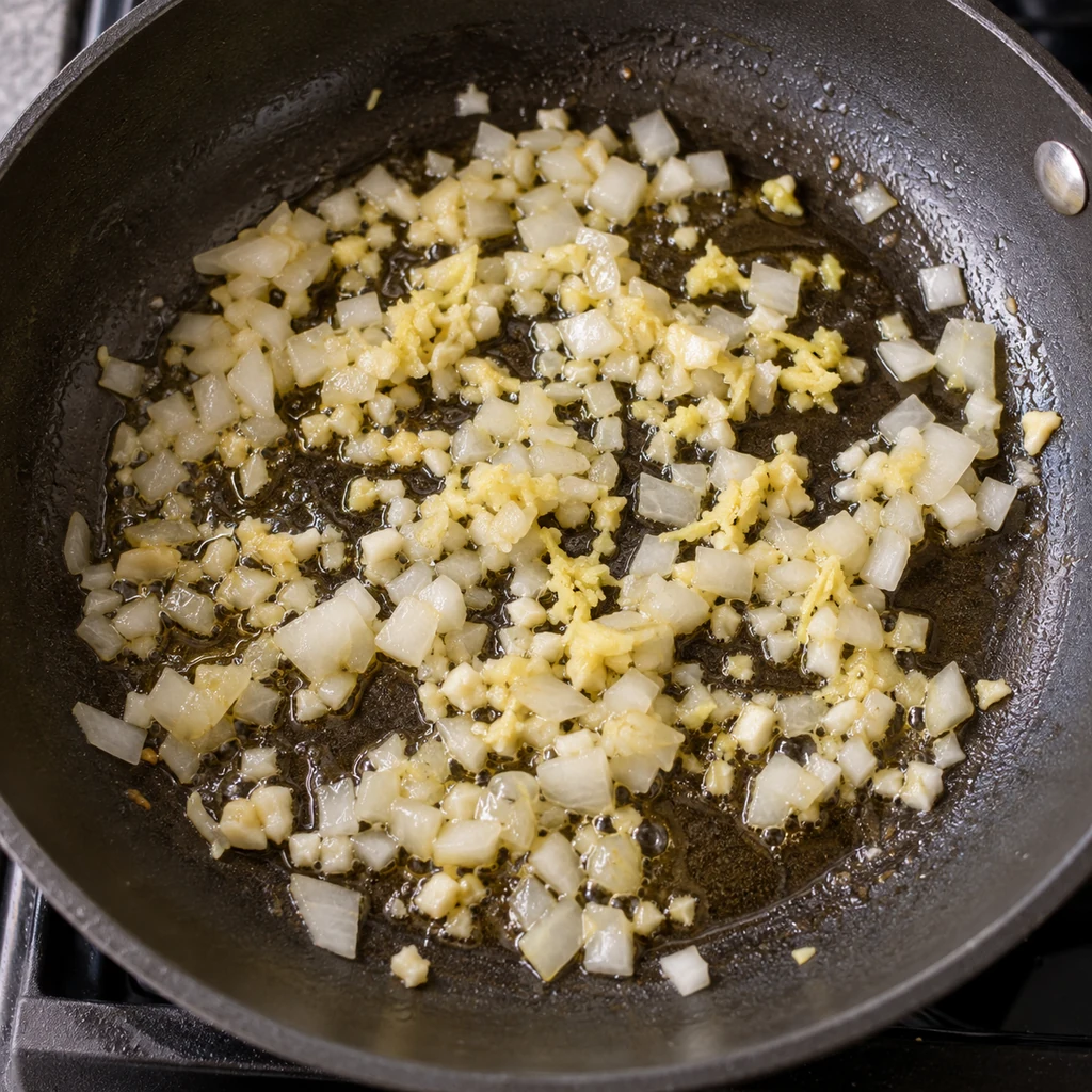 Diced onion, garlic and ginger softening in sesame oil in a skillet