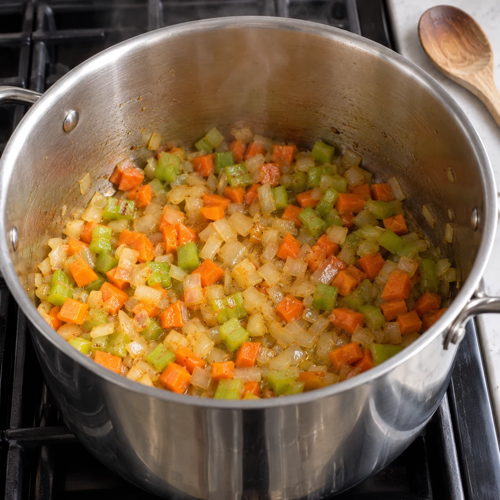 Diced onion, carrots, and celery softening in olive oil in a soup pot