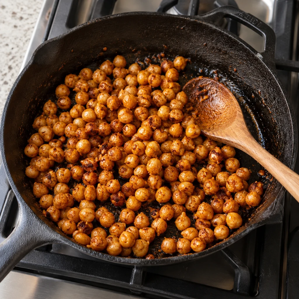 Smoked paprika chickpeas turning golden in a skillet with a wooden spoon