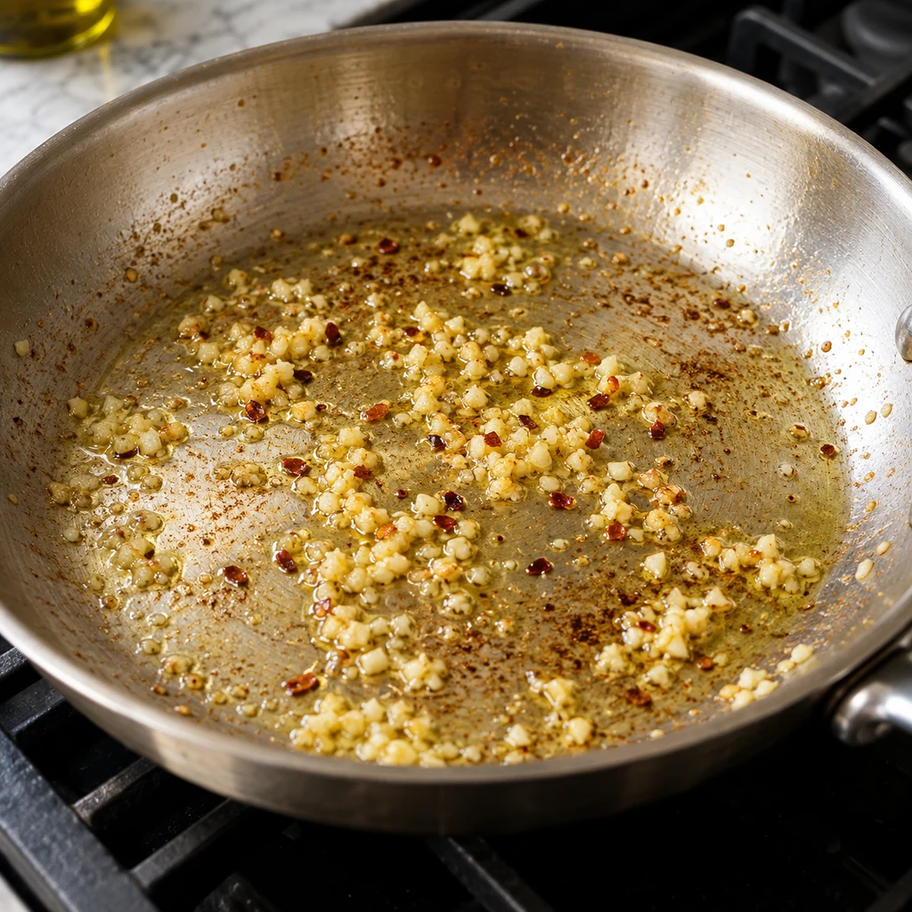 Minced garlic and optional red pepper flakes gently sizzling in olive oil