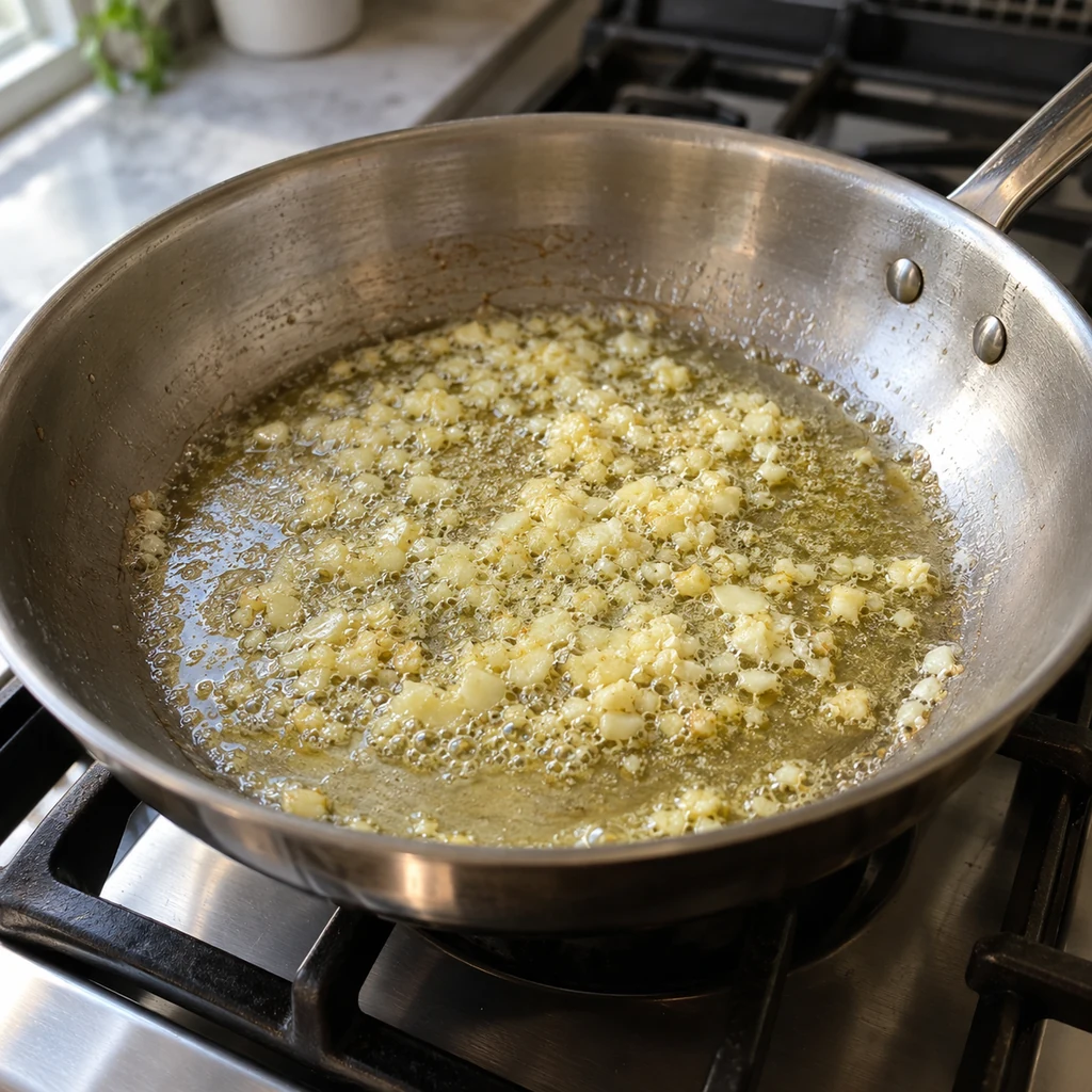 Minced garlic gently sizzling in melted butter in a skillet