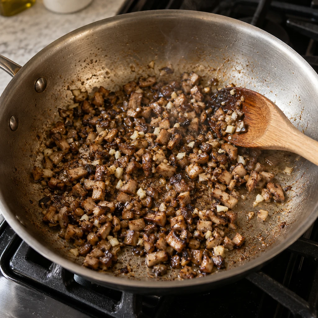 Finely chopped mushroom stems and garlic cooked in olive oil in a skillet