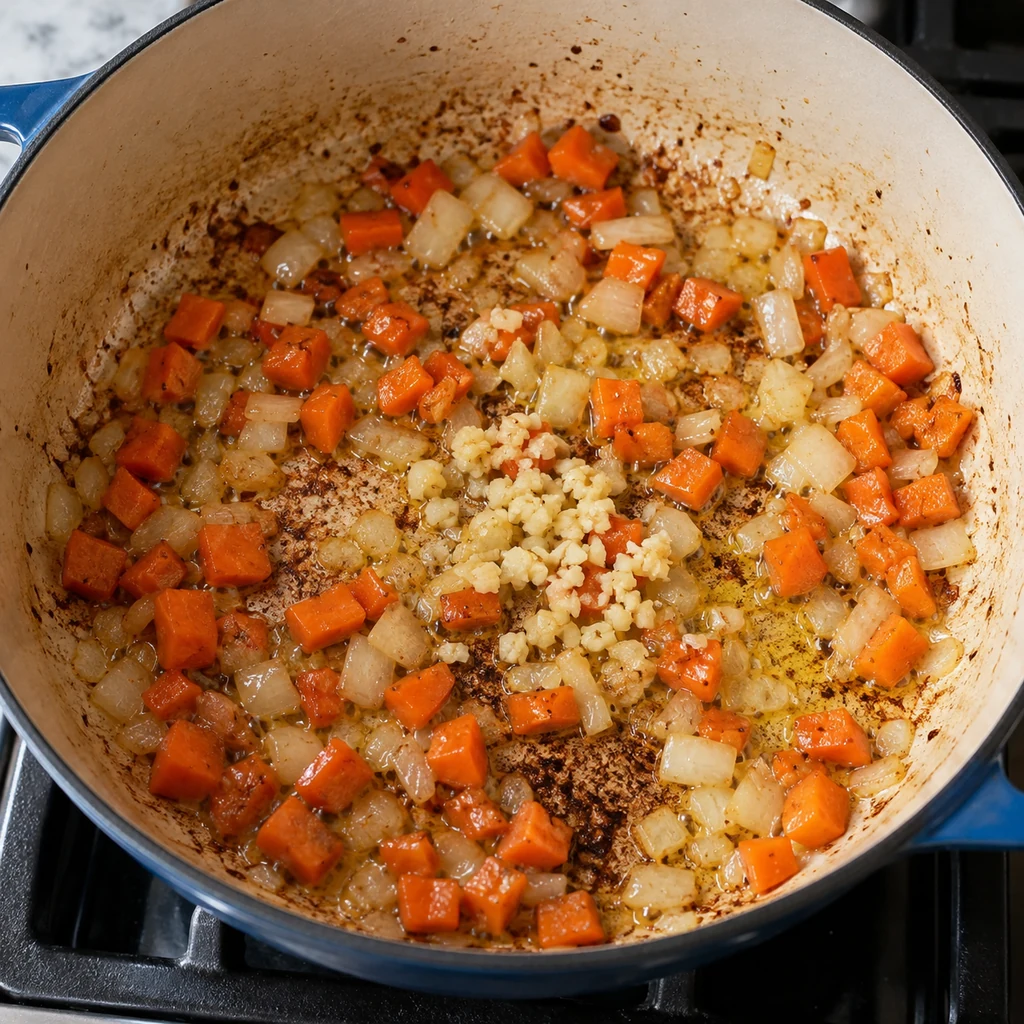 Chopped onion, minced garlic, and diced carrots sautéing in the chicken pot