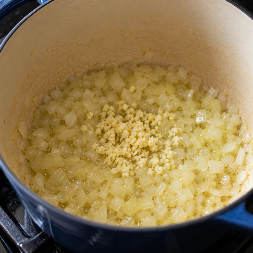 Soft translucent chopped onion and minced garlic sautéing in olive oil in a large pot