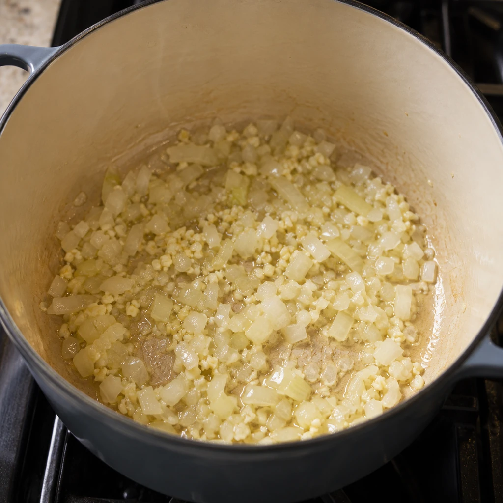 Chopped onion and minced garlic softened in olive oil in a deep pot.