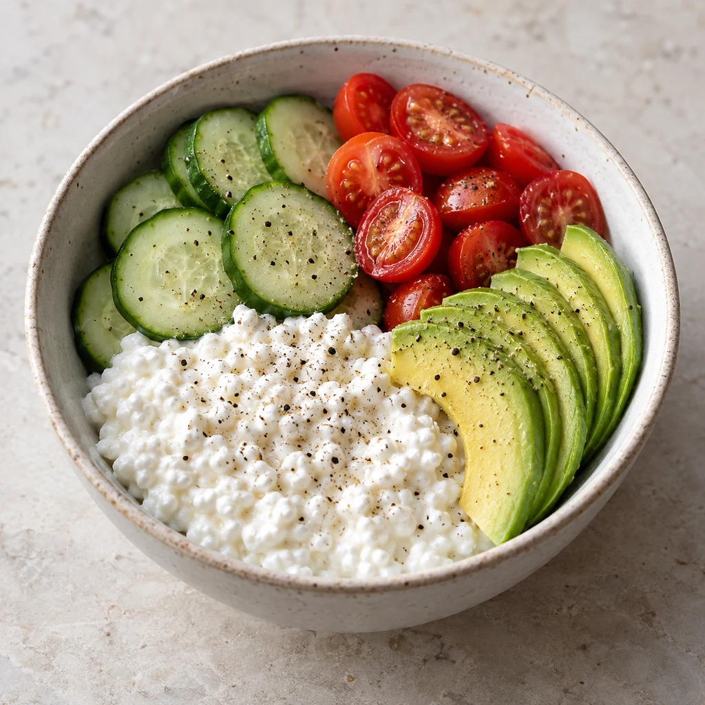 Savory cottage cheese bowl with cucumber, cherry tomatoes, avocado, and black pepper