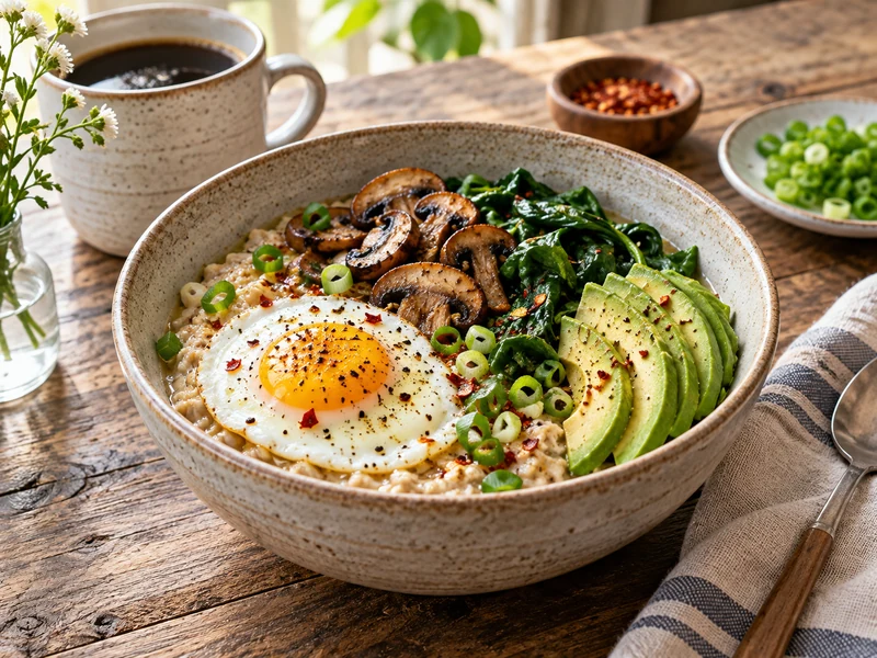Savory oatmeal bowl with fried egg, spinach, mushrooms, avocado, and scallions.
