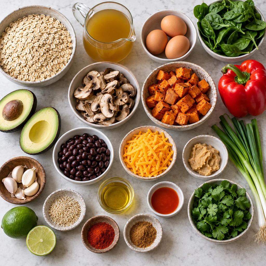 Rolled oats, broth, eggs, vegetables, beans, cheese, miso, herbs, and seasonings for savory oatmeal bowls