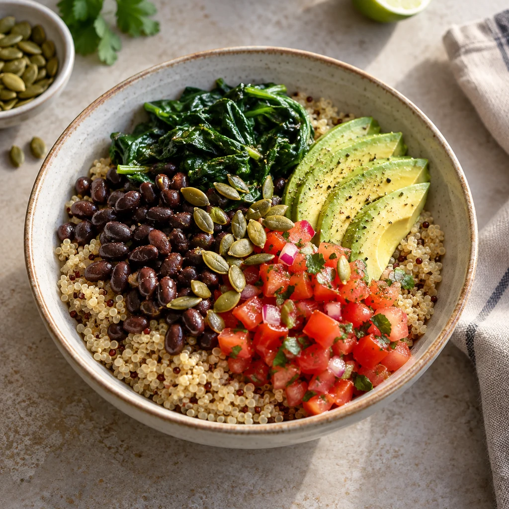 Savory quinoa breakfast bowl with black beans, spinach, avocado, and tomato salsa.