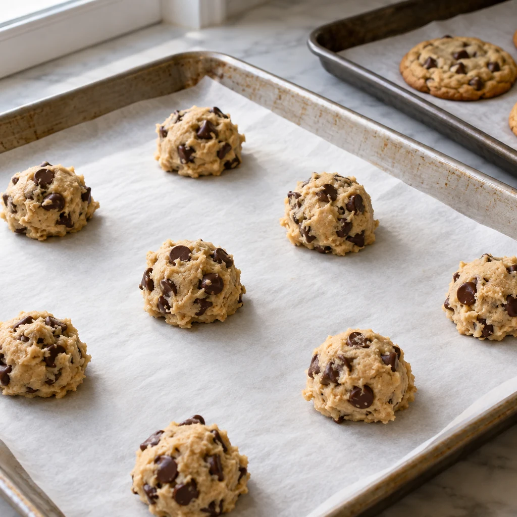 Evenly spaced scoops of chocolate chip cookie dough on a parchment-lined baking sheet