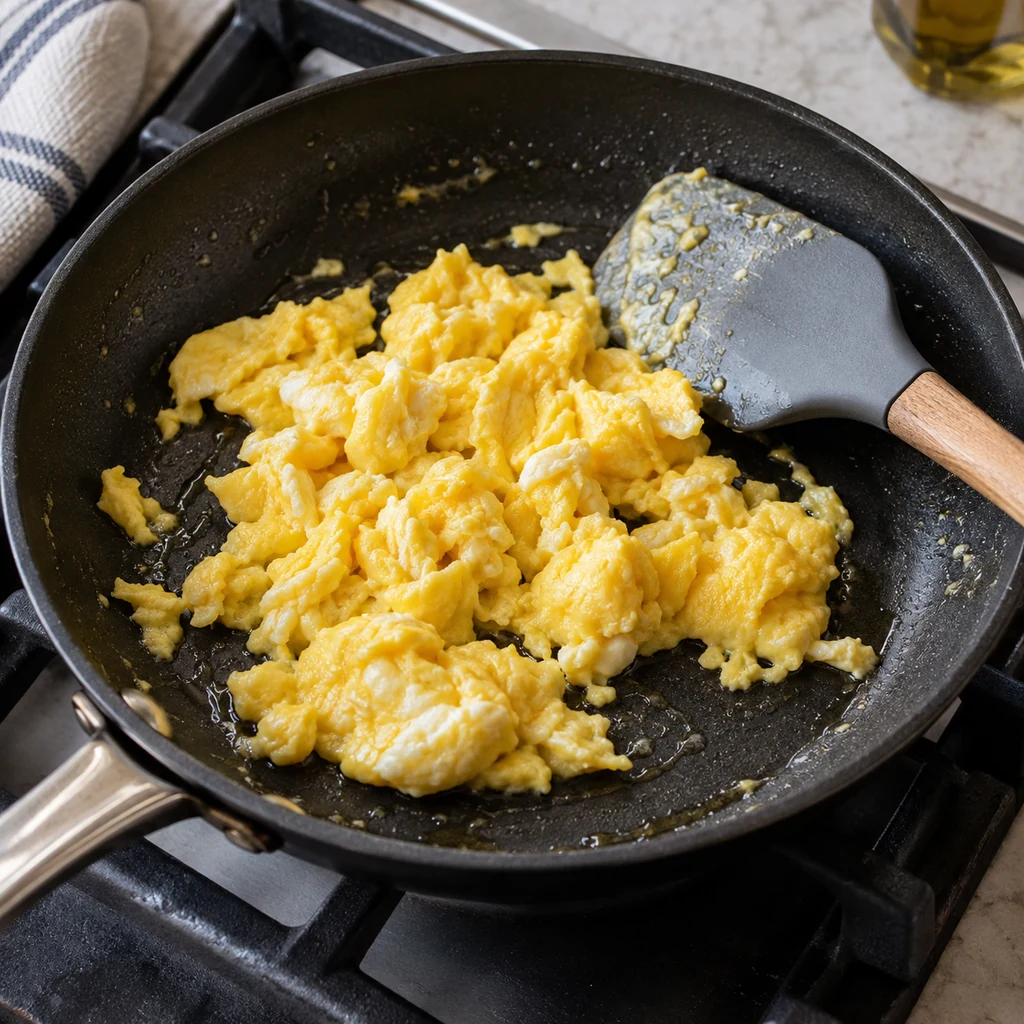 One egg cooked into fully set scrambled curds in a small skillet